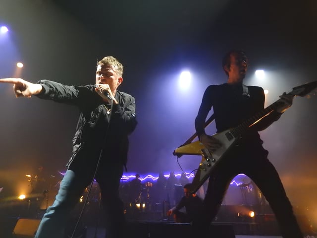 Gorillaz (with Albarn to the left) on stage at the Brixton Academy in London, June 2017