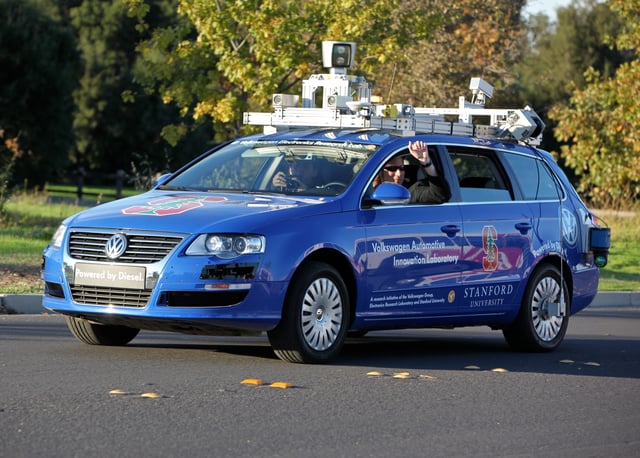 A robotic Volkswagen Passat shown at Stanford University is a driverless car