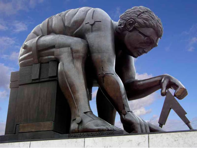 Bronze sculpture. Inscription reads 'NEWTON' after William Blake by Eduardo Paolozzi 1995 Grant aided by The Foundation for Sport & the Arts. Funded by subscriptions from the football pools, Vernons, Littlewoods, Zetters