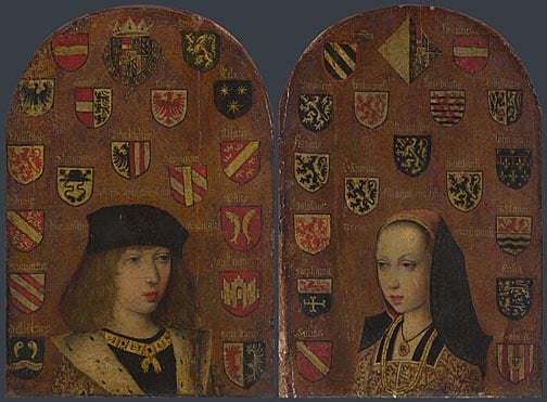 Pieter van Coninxloo, Philip the Handsome and Margaret of Austria, c. 1493–1495. Betrothal diptych, Oil on oak panels, each 23.8 cm × 16.5 cm (9 in × 6 in). National Gallery, London.
