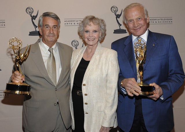 Goddard Space Flight Center Engineer Richard Nafzger, actress June Lockhart, and astronaut Buzz Aldrin accepting the Philo T. Farnsworth Emmy Award on behalf of NASA in 2009, honoring the technological innovations first used during the broadcasts of the Apollo 11 Moon landing