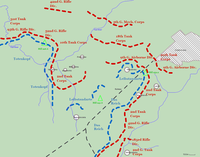 Disposition of Soviet and German forces around Prokhorovka on the eve of the battle on 12 July.