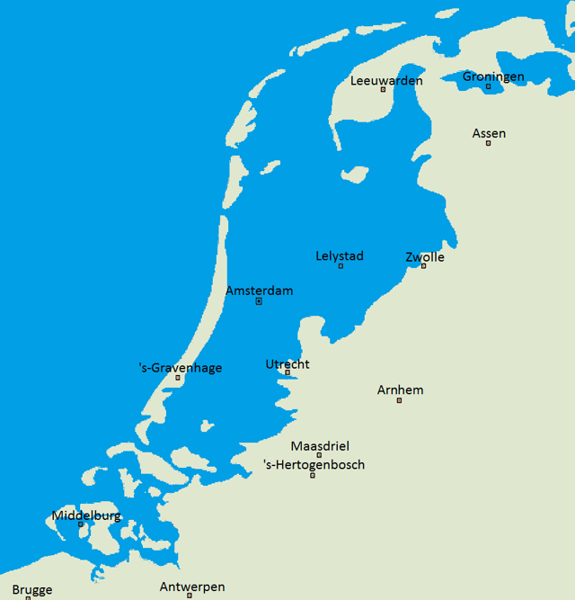 Map illustrating European areas of the Netherlands below sea level
