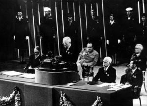 U.S. President Harry S. Truman addressing the United Nations Conference in San Francisco that established the United Nations.