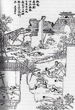 A late-Qing woodblock print representing the Yangzhou massacre of May 1645. By the late 19th century, the massacre was used by anti-Qing revolutionaries to arouse anti-Manchu sentiment among the population.