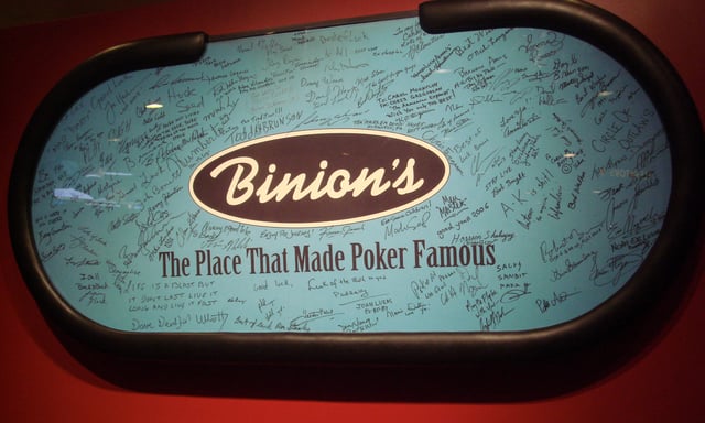 A Binion's poker table signed by WSOP Champions and other professional players after the casino hosted its final WSOP.