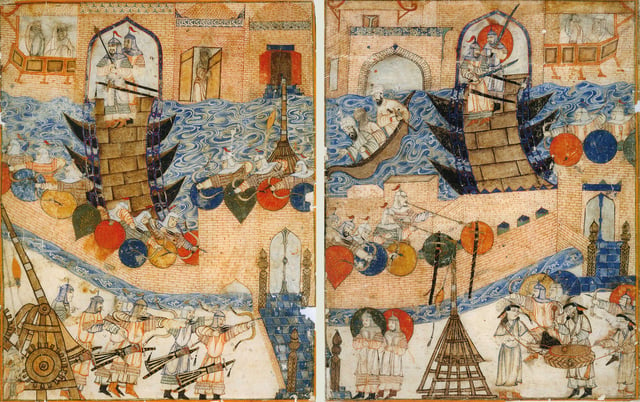 Invasions like the Battle of Baghdad by his grandson are treated as brutal and are seen negatively in Iraq. This illustration is from a 14th-century Jami' al-tawarikh manuscript.