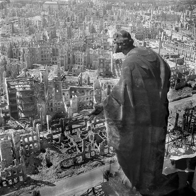 Dresden, 1945, view from the town hall (Rathaus) over the destroyed city (the allegory of goodness in the foreground)