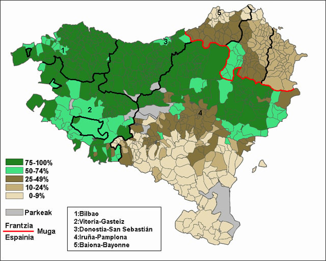 Percentage of students registered in Basque language schools (2000–2005).