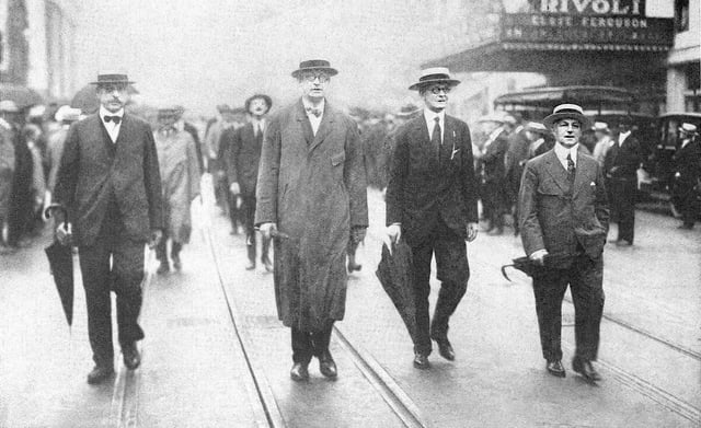 Actors' Equity president Francis Wilson (right) on parade with other leaders during the 1919 strike seeking recognition of the association as a labor union