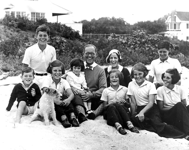 The Kennedy family at Hyannis Port, Massachusetts, with Jack at top left in the white shirt, 1931
