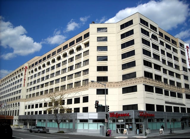 A Walgreens "corner drugstore", located in a Marriott street-level retail space, on the corner of a heavily trafficked intersection in Washington, D.C.