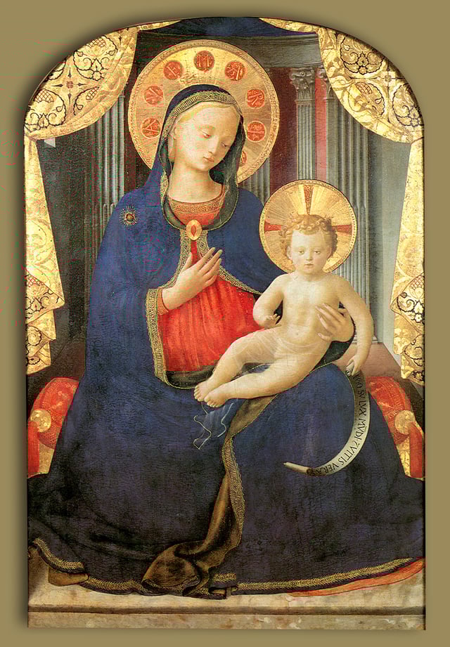 Madonna of humility by Fra Angelico, c. 1430. A traditional depiction of Mary wearing blue clothes.