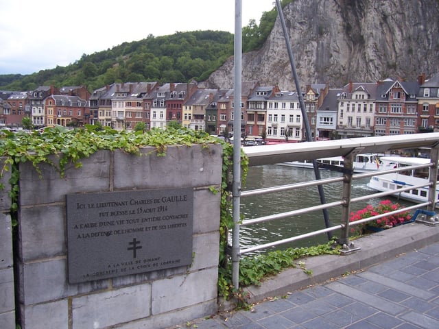 A plaque in Dinant commemorating the place where Charles de Gaulle, then an infantry lieutenant, was wounded in 1914
