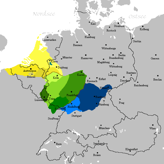 The Franconian dialects (Low Franconian, Central- and Rhine Franconian, and High Franconian)