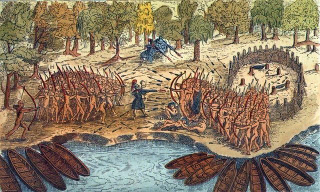 Engraving based on a drawing by Champlain of his 1609 voyage. It depicts a battle between Iroquois and Algonquian tribes near Lake Champlain