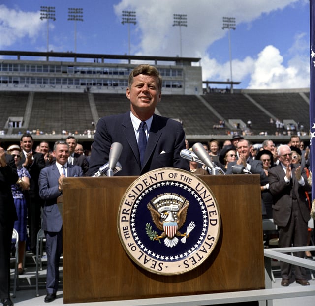 John F. Kennedy speaking at Rice Stadium in 1962