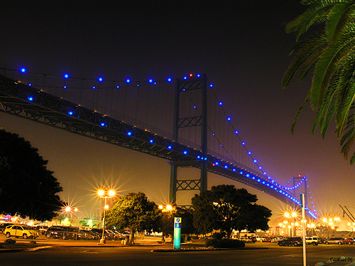 Los Angeles Vincent Thomas Bridge illuminated with blue LEDs