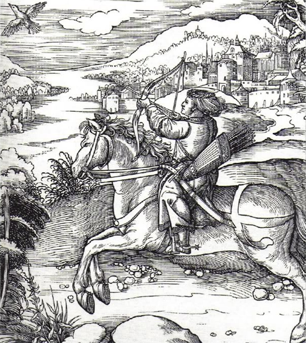 Hunting for flying birds from the back of a galloping horse was considered the top category of archery. The favorite hobby of Prince Maximilian, engraved by Dürer