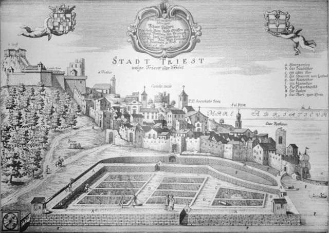 Trieste in the 17th century, in a contemporary image by the Carniolan historian Johann Weikhard von Valvasor