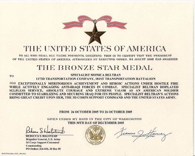 An example of an army Bronze Star Medal citation, given for combat valor.
