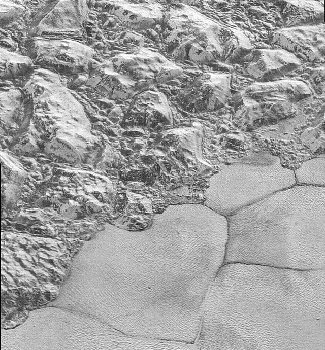 Solid nitrogen on the plains of Sputnik Planitia on Pluto next to water ice mountains