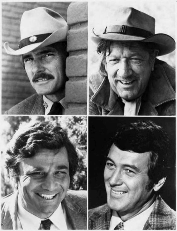 The NBC Mystery Movie program worked on a rotating basis – one per month from each of its shows. Top left: Dennis Weaver in McCloud. Top right: Richard Boone in Hec Ramsey. Bottom left: Peter Falk in Columbo. Bottom right: Rock Hudson in McMillan & Wife