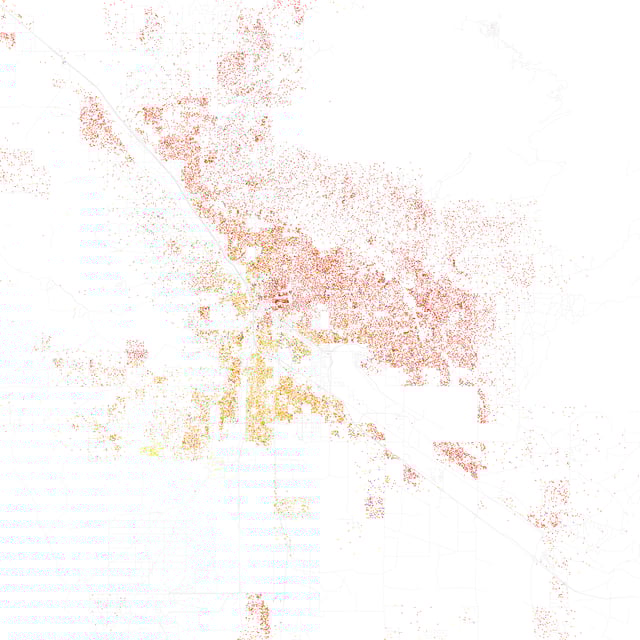 Map of racial distribution in Tucson, 2010 U.S. Census. Each dot is 25 people: White, Black, Asian, Hispanic of any race or Other (yellow)