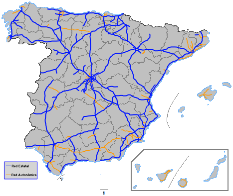Map of Spanish autopistas (motorways) and autovías (expressways), according to their jurisdiction. Blue highways are State-owned, while orange ones belong to the autonomous communities