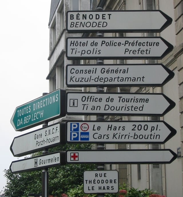 Bilingual road signs can be seen in traditional Breton-speaking areas.