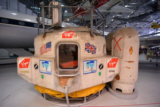 The capsule from the Virgin Atlantic Flyer balloon on display at the Imperial War Museum, Duxford, England