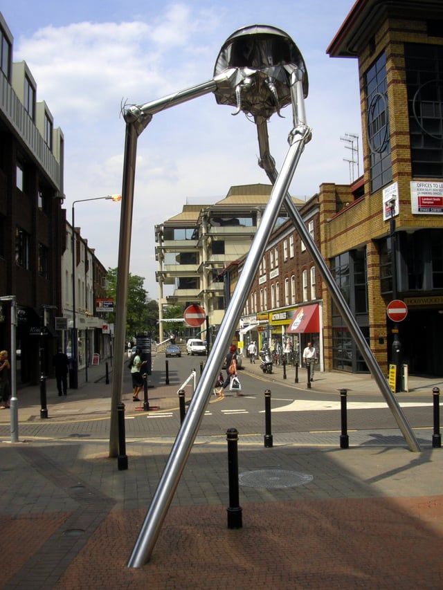 Statue of a Martian tripod from The War of the Worlds in Woking, hometown of science fiction author H. G. Wells.