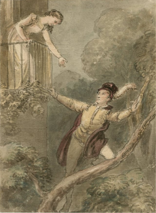 Watercolor by John Massey Wright of Act II, Scene ii (the balcony scene).