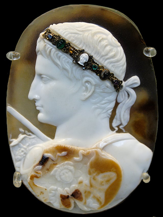 The Blacas Cameo showing Augustus wearing a gorgoneion on a three layered sardonyx cameo, AD 20–50