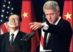 Bill Clinton and Jiang Zemin holding a joint press conference at the White House, October 29, 1997.