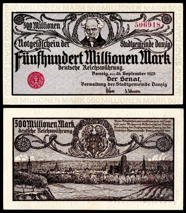 Schopenhauer depicted on a 500 million Danzig papiermark note (1923).