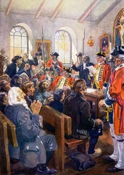 The deportation order is read to a group of Acadians in 1755