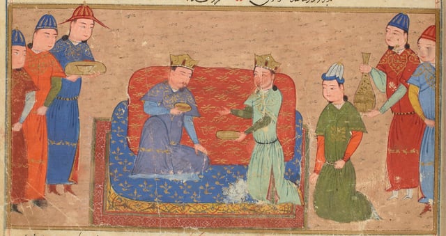 Genghis Khan and Toghrul Khan, illustration from a 15th-century Jami' al-tawarikh manuscript