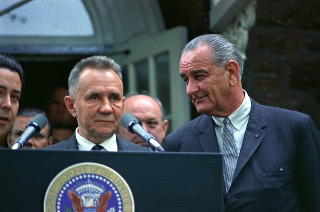 Soviet Premier Alexei Kosygin with U.S. President Lyndon B. Johnson at the Glassboro Summit Conference where the two representatives discussed the possibilities of a peace settlement