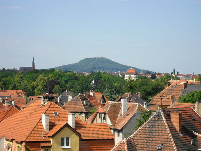 The Landeskrone, literally "land's crown", the local mountain of Görlitz, as seen from Zgorzelec