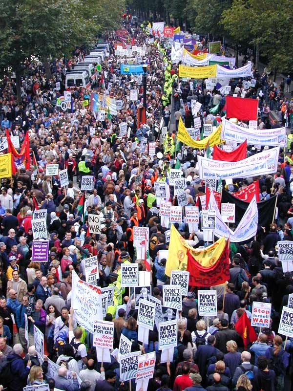Anti-war protest in London, September 2002. Organised by the British Stop the War Coalition, up to 400,000 took part in the protest.
