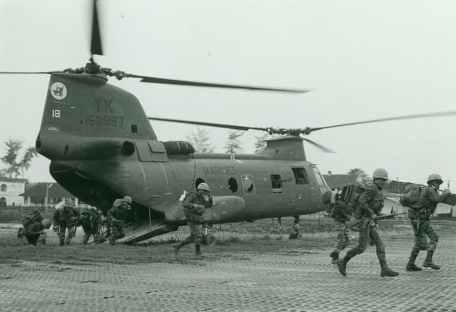 A CH-46 from MAG-36 drops Vietnamese Marines into Hue on 23 February