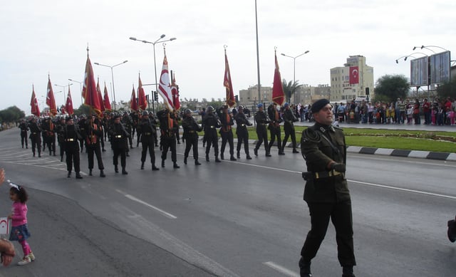 Turkish Cypriot soldiers of the Security Forces Command perform during a Republic Day parade.
