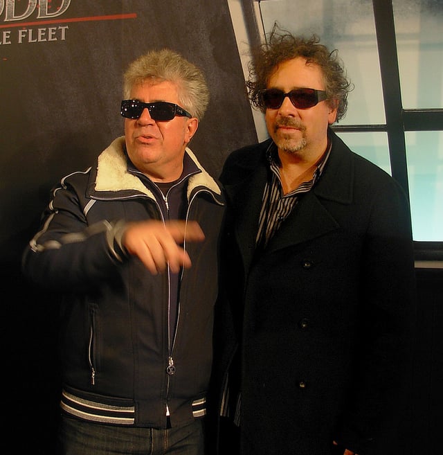 Almodóvar (left) and Tim Burton (right) at the première of Sweeney Todd: The Demon Barber of Fleet Street in Madrid, in 2007