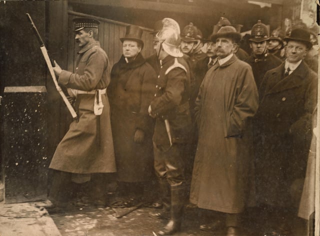 Churchill photographed at the Siege of Sidney Street