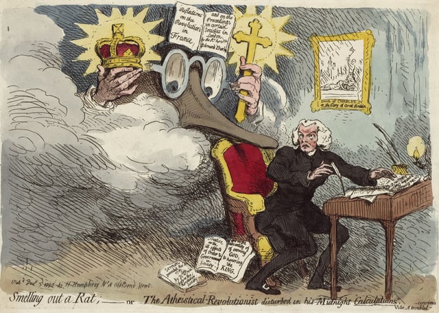 Smelling out a Rat;—or—The Atheistical-Revolutionist disturbed in his Midnight "Calculations" (1790) by Gillray, depicting a caricature of Burke holding a crown and a cross while the seated man Richard Price is writing "On the Benefits of Anarchy Regicide Atheism" beneath a picture of the execution of Charles I of England