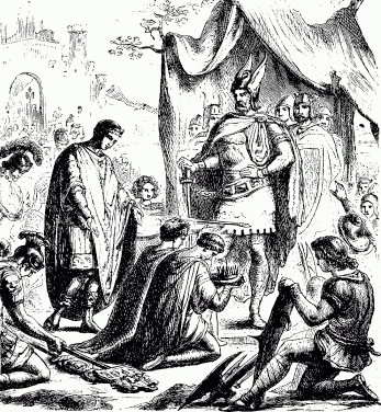 Romulus Augustus resigns the crown. Drawing from the Young Folks' History of Rome, 1880.
