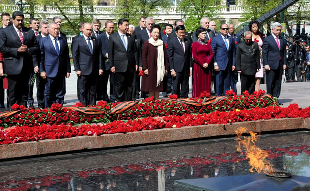 Ban with leaders of Russia, China, India, South Africa, Vietnam and Egypt during the Moscow Victory Day Parade, 9 May 2015