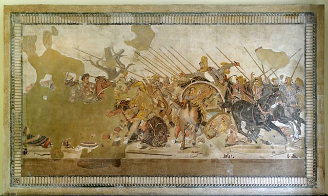 The Battle of Issus, between Alexander the Great on horseback to the left, and Darius III in the chariot to the right, represented in a Pompeii mosaic dated 1st century BC – Naples National Archaeological Museum