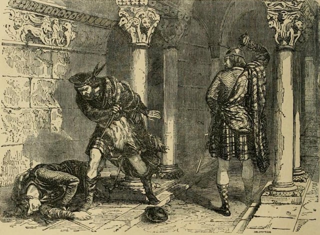 The killing of Comyn in the Greyfriars church in Dumfries, as imagined by Felix Philippoteaux, a 19th-century illustrator
